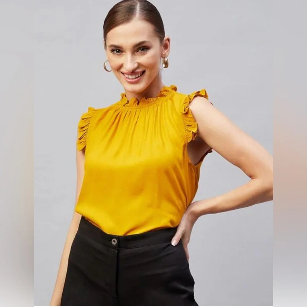 Who What Wear sleeveless ruffle high neck button back mustard blouse
